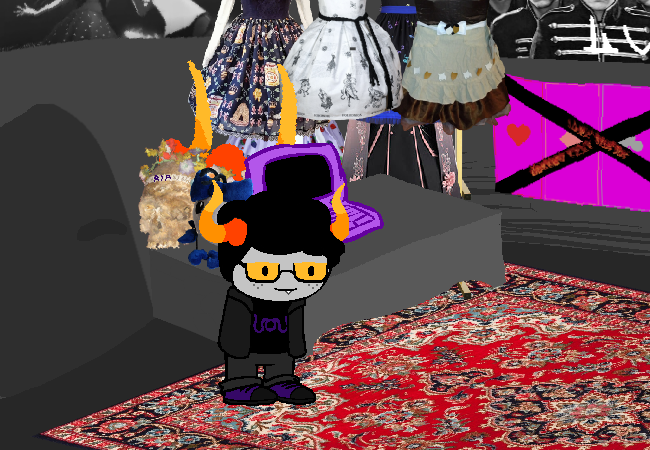 A young troll stands in their room. They are a purpleblood with the caprisci extended zodiac symbol, they wear a hoodie and a t-shirt and have curly hair. Behind them is a desk with a laptop and a skull, and behind that desk is a clothes rack with several lolita dresses (and one non-lolita but lolita-styled asriel x pizzapants deltarune themed) dresses. Other dresses are either Eastern European indie brands or taobao. There is a carpet on the ground, a magenta-coloured eyesore of some sort of troll pride flag and the lower half of what is a troll MCR poster.